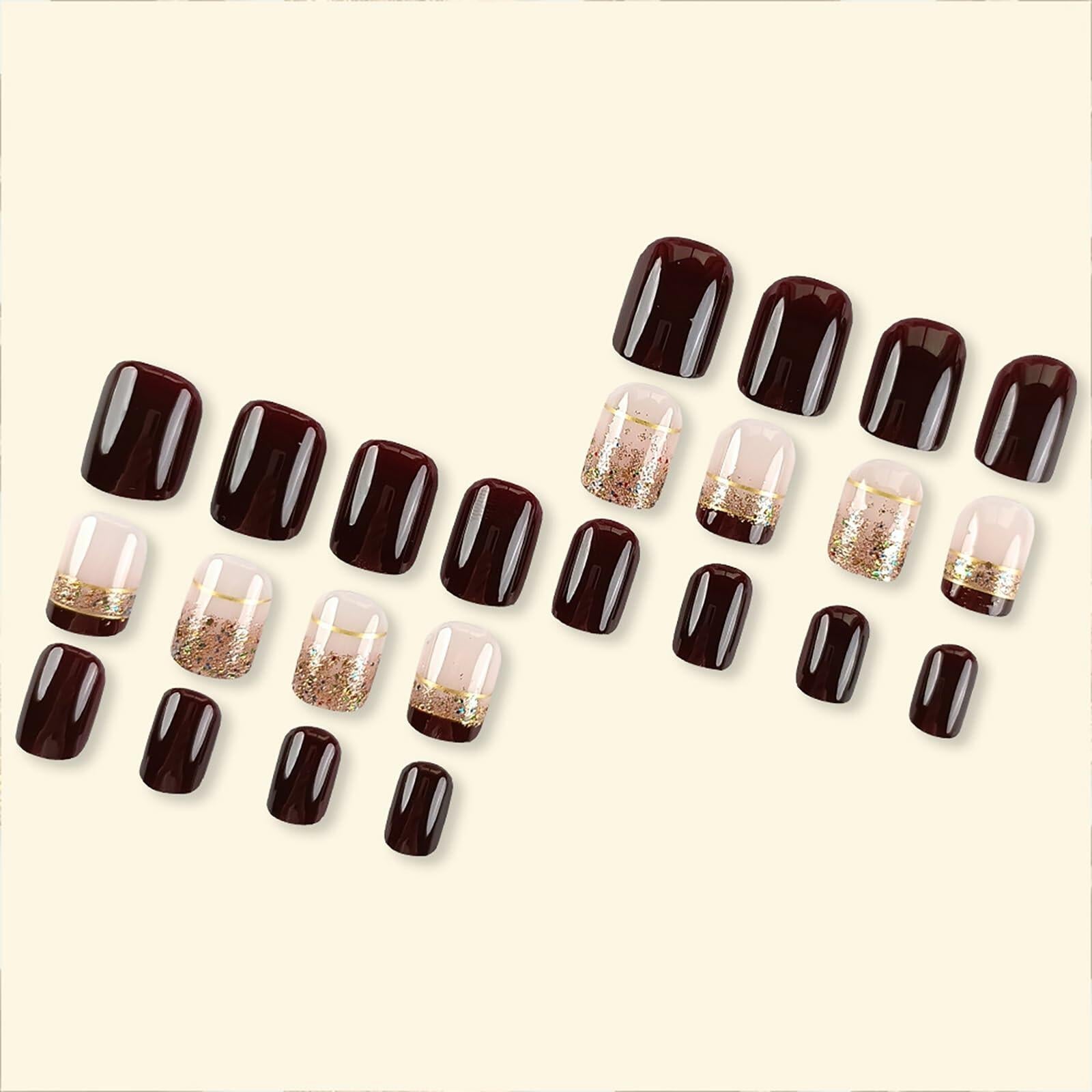 Brown Press On Nails Short Square Glitter Nude Brown Full Cover 24 Pcs