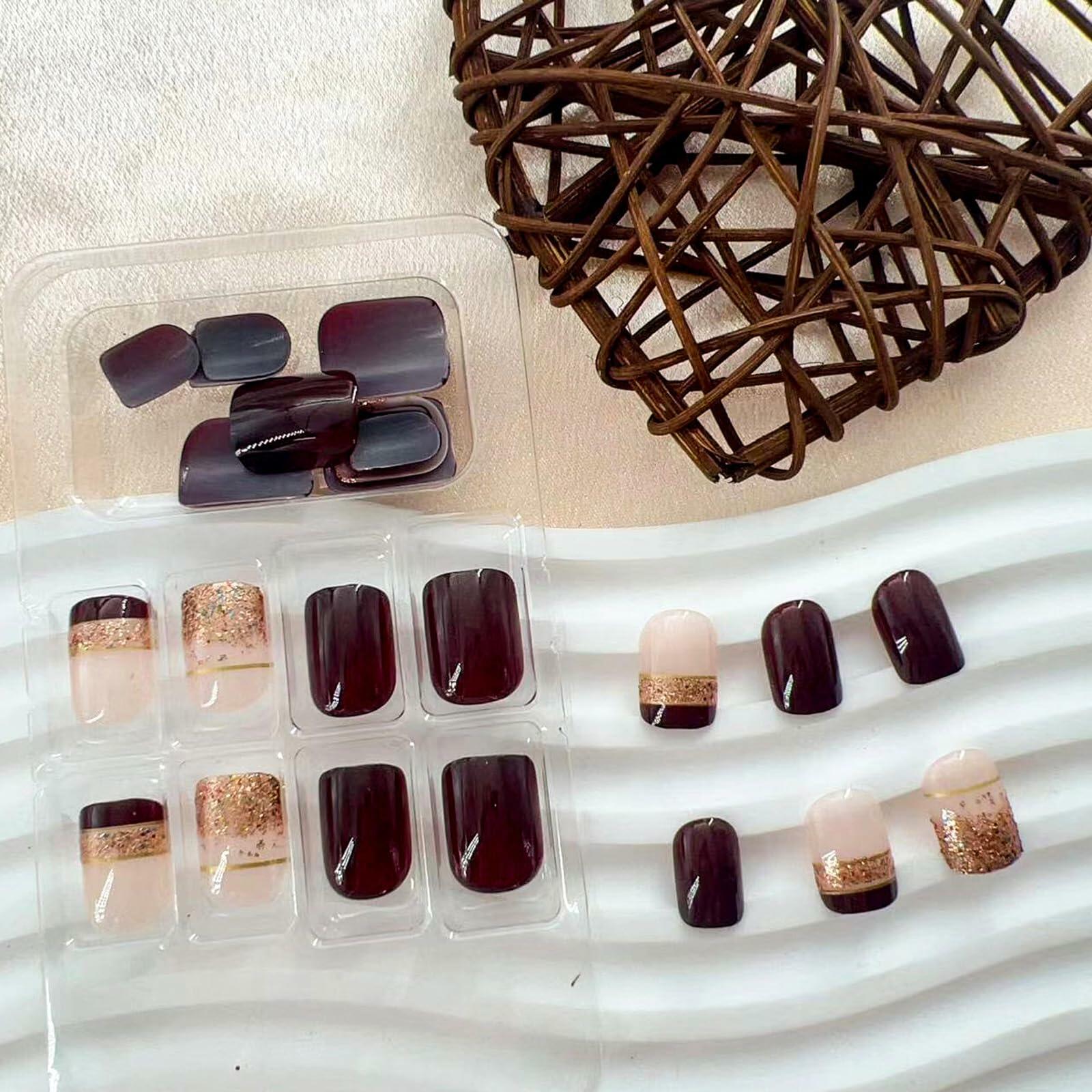 Brown Press On Nails Short Square Glitter Nude Brown Full Cover 24 Pcs